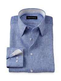 Non-Iron Linen Solid Dress Shirt With Contrast Trim - Dark Blue