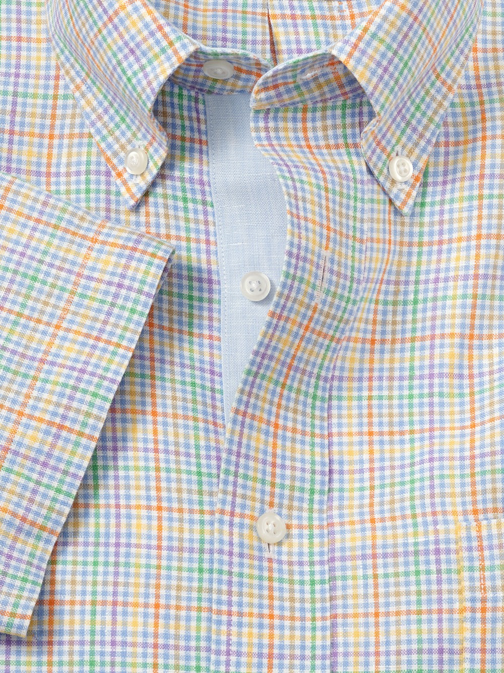 S/f Non-iron Linen Plaid Button Down Collar Short Sleeve