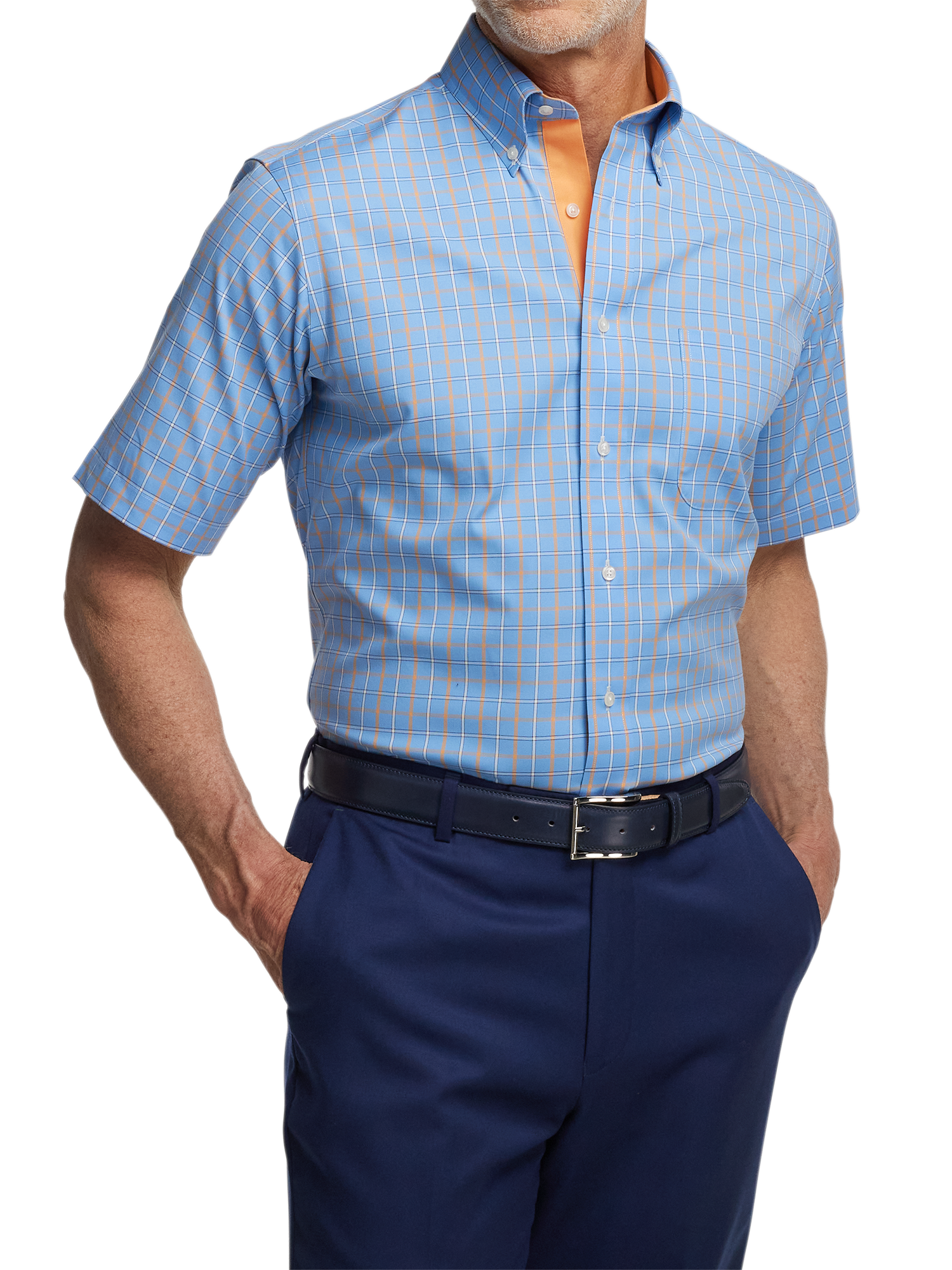 Comfort Stretch Non-Iron Check Dress Shirt With Contrast Trim - Blue/melon