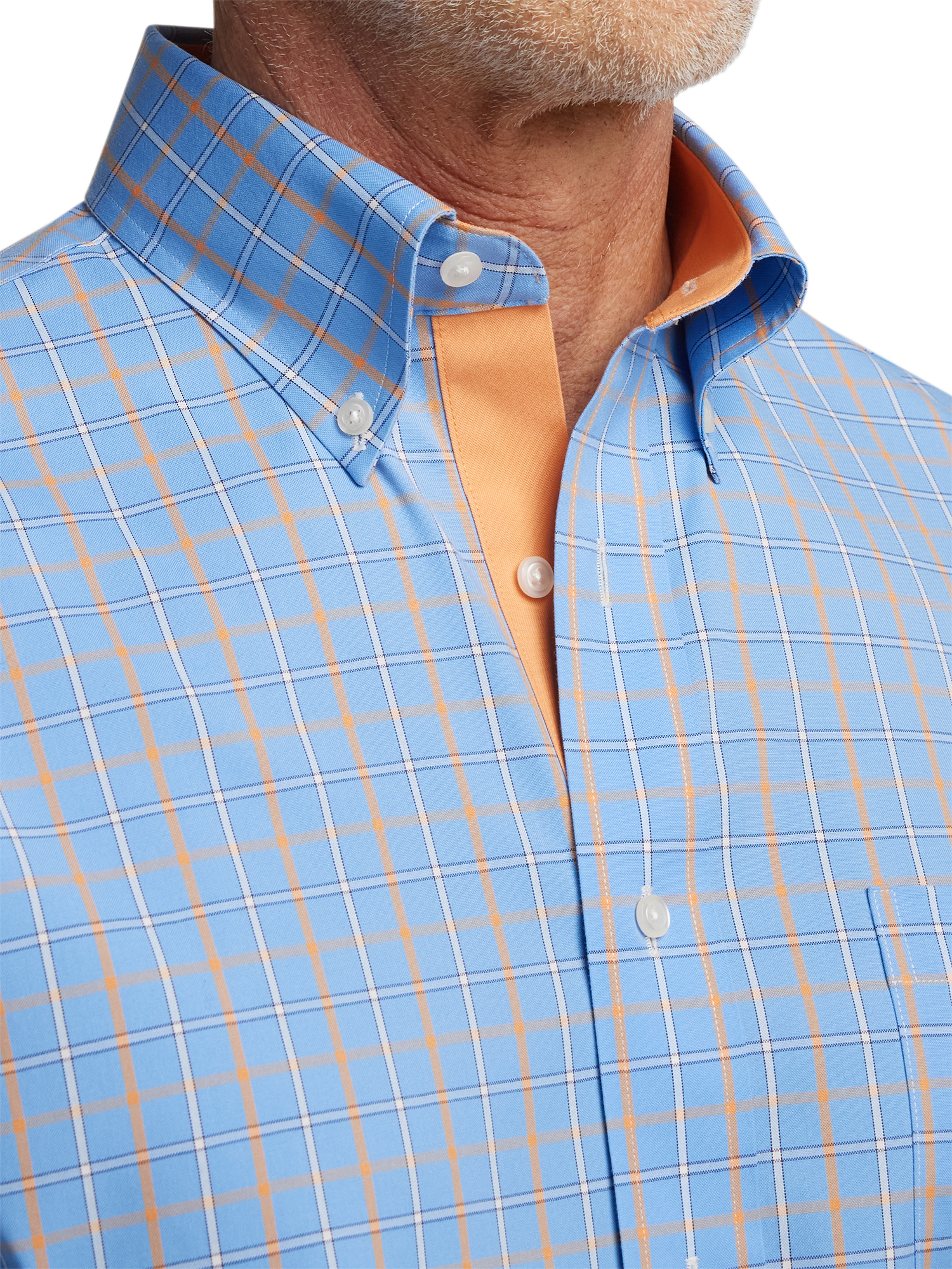 Comfort Stretch Non-Iron Check Dress Shirt With Contrast Trim - Blue/melon