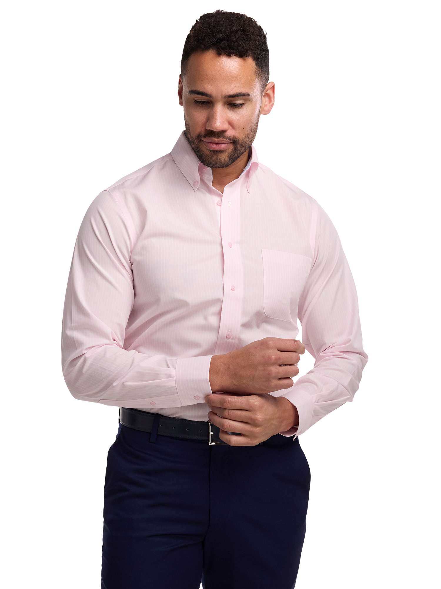 Non-Iron Cotton Stripe Dress Shirt With Contrast Trim - Pink