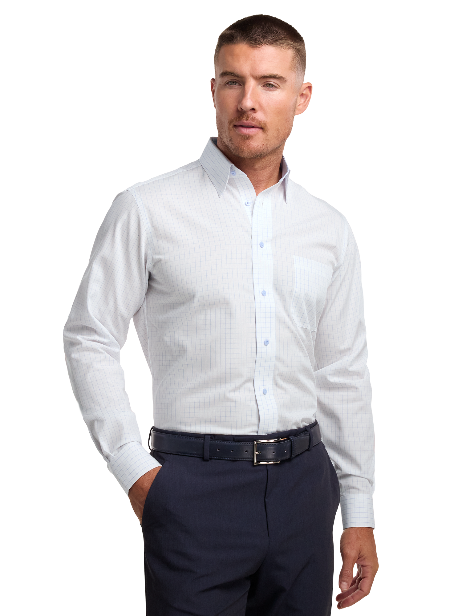 Non-Iron Cotton Windowpane Dress Shirt With Contrast Trim - White Multi