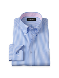 Non-Iron Cotton Stripe Dress Shirt With Contrast Trim - Blue