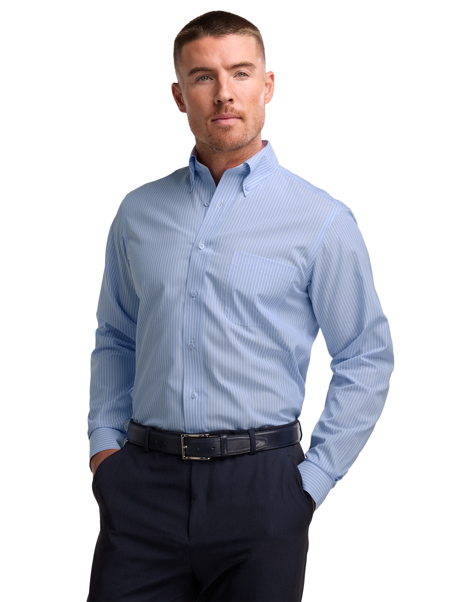 Non-Iron Cotton Stripe Dress Shirt With Contrast Trim - Blue