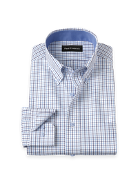 Non-Iron Cotton Windowpane Dress Shirt With Contrast Trim - White/blue