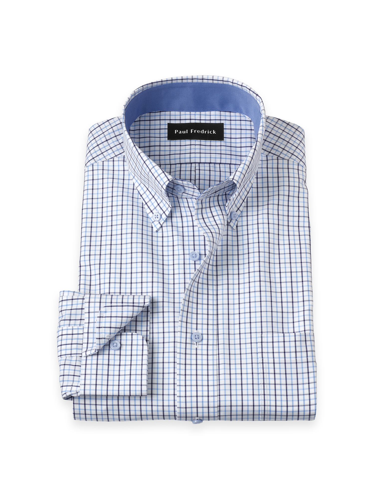 Non-Iron Cotton Windowpane Dress Shirt With Contrast Trim - White/blue
