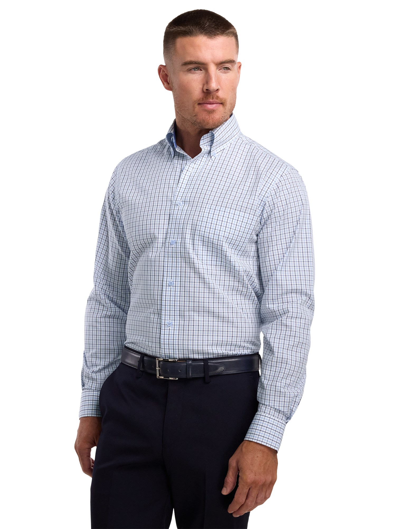 Non-Iron Cotton Windowpane Dress Shirt With Contrast Trim - White/blue