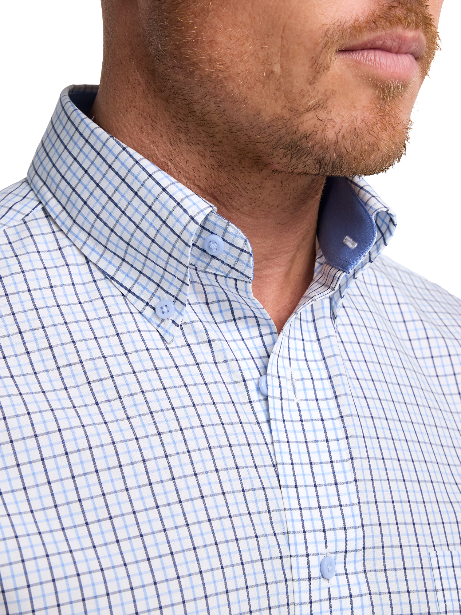 Non-Iron Cotton Windowpane Dress Shirt With Contrast Trim - White/blue