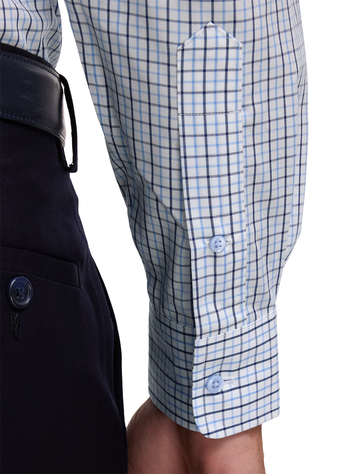 Non-Iron Cotton Windowpane Dress Shirt With Contrast Trim - White/blue
