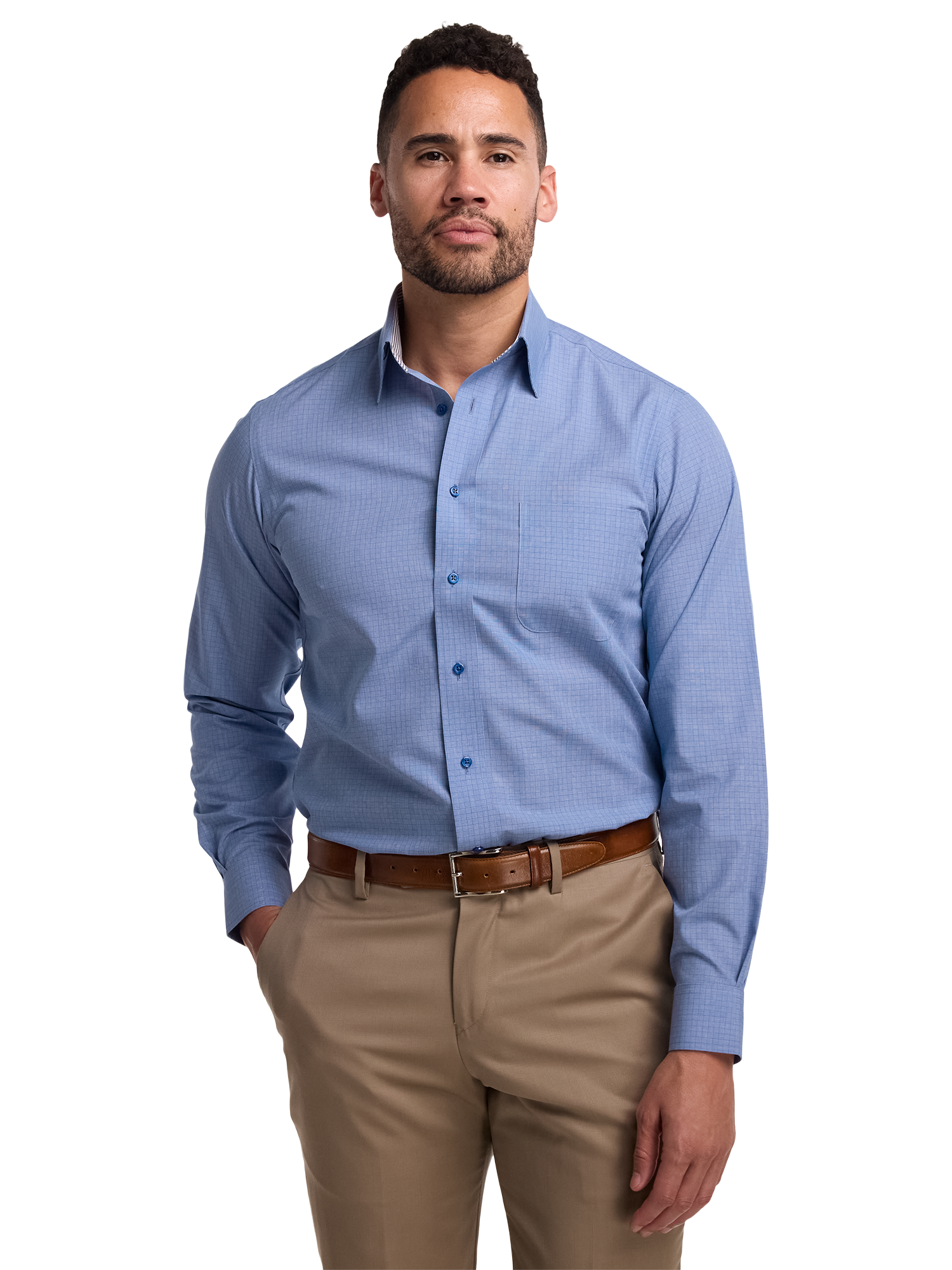 Non-Iron Cotton Solid Dress Shirt With Contrast Trim - Blue