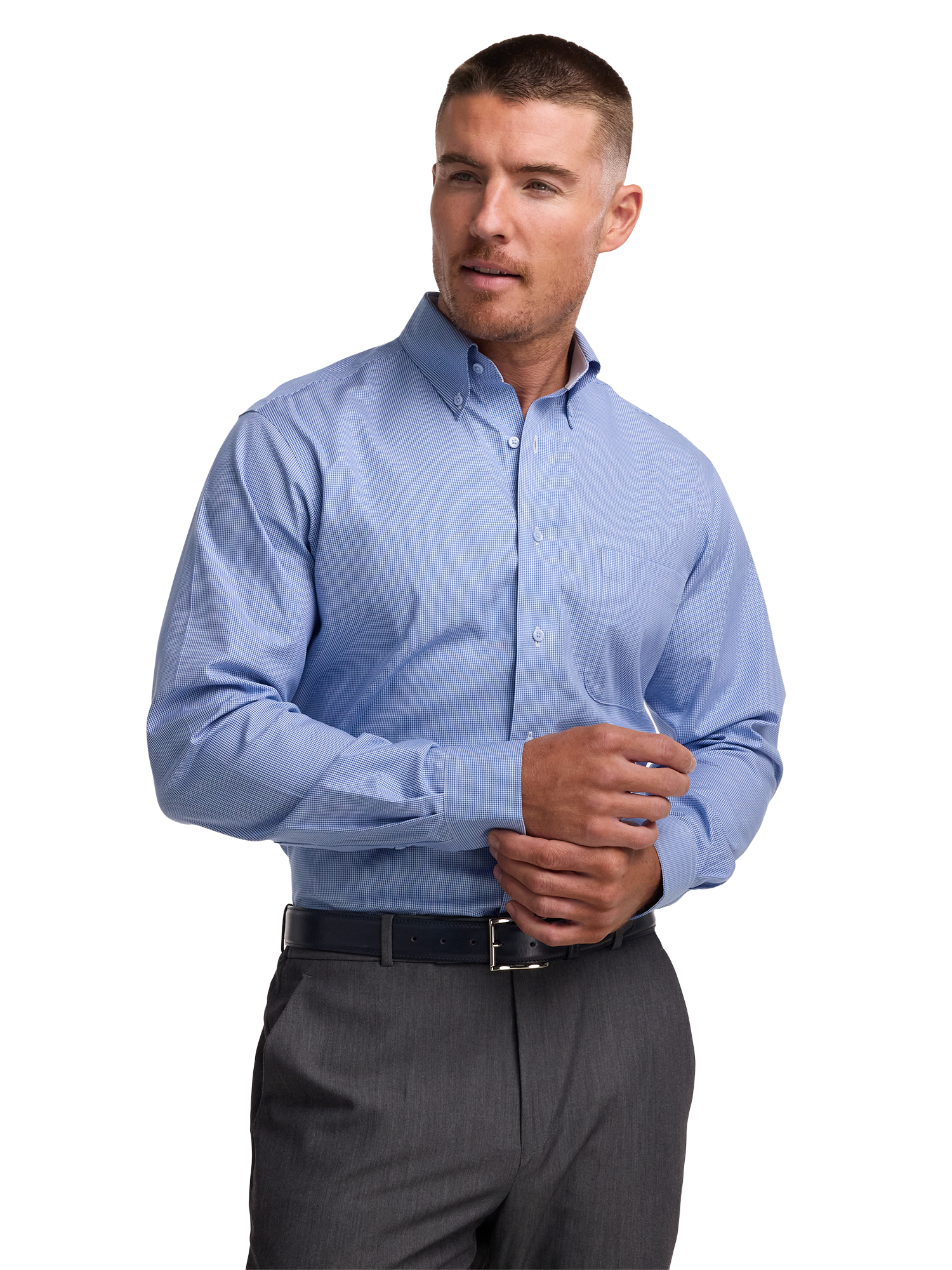 Non-Iron Cotton Houndstooth Dress Shirt With Contrast Trim - Blue