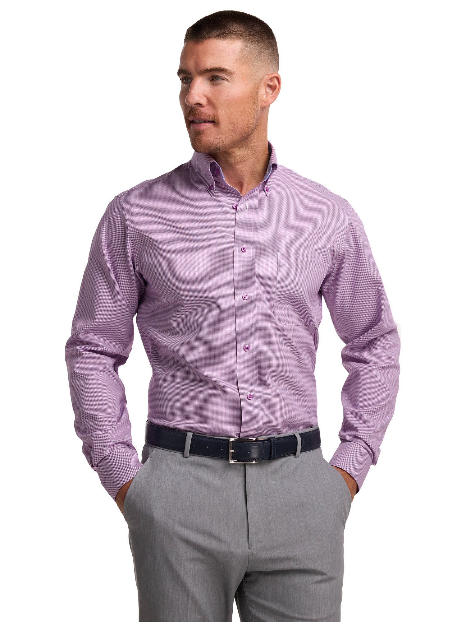 Non-Iron Cotton Houndstooth Dress Shirt With Contrast Trim - Purple