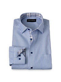 Non-Iron Cotton Stripe Dress Shirt With Contrast Trim - Blue