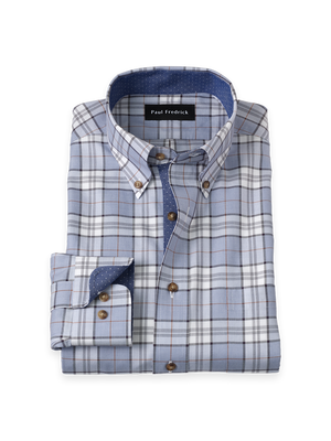 Non-Iron Cotton Plaid Dress Shirt With Contrast Trim - Blue