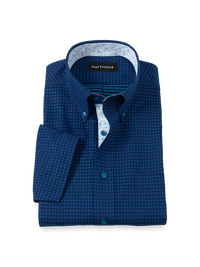 Non-Iron Cotton Dot Dress Shirt With Contrast Trim - Navy/teal