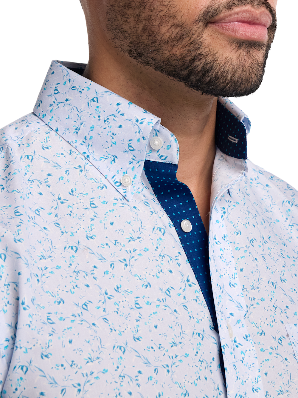 S/f Non-iron Cotton Floral Print Button Down Dress Shirt With Contrast Trim