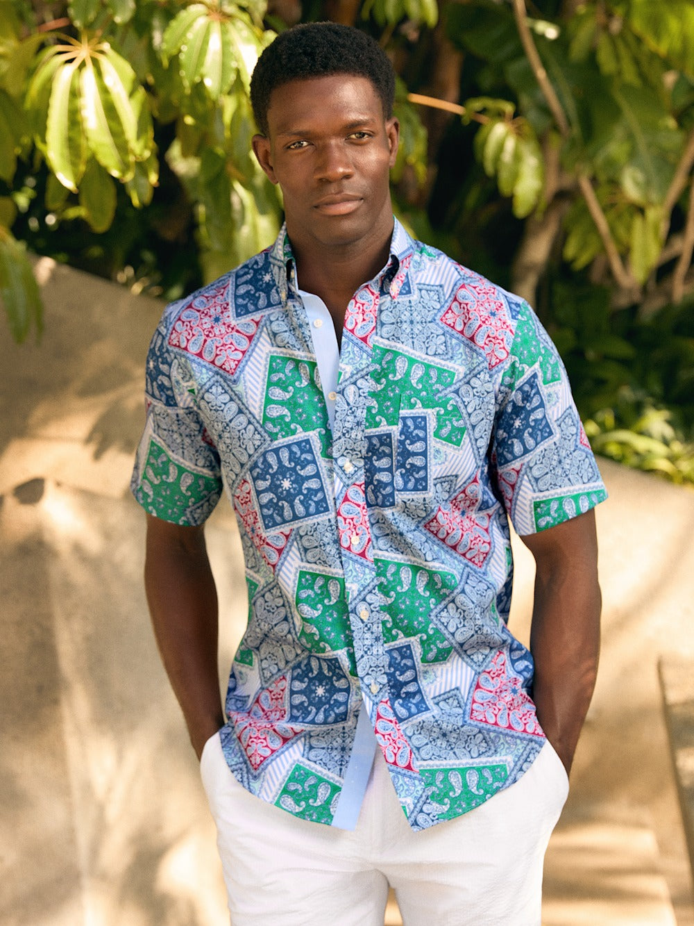 S/f Non-iron Cotton Bandana Button Down Collar Short Sleeve With Contrast Trim