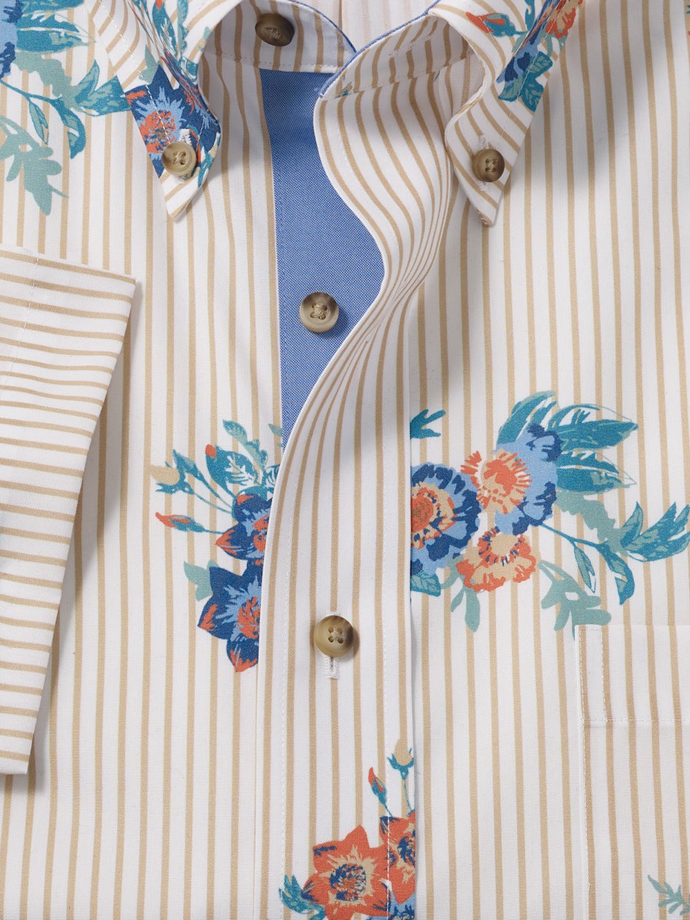 S/f Non-iron Cotton Floral Button Down Collar Short Sleeve With Contrast Trim