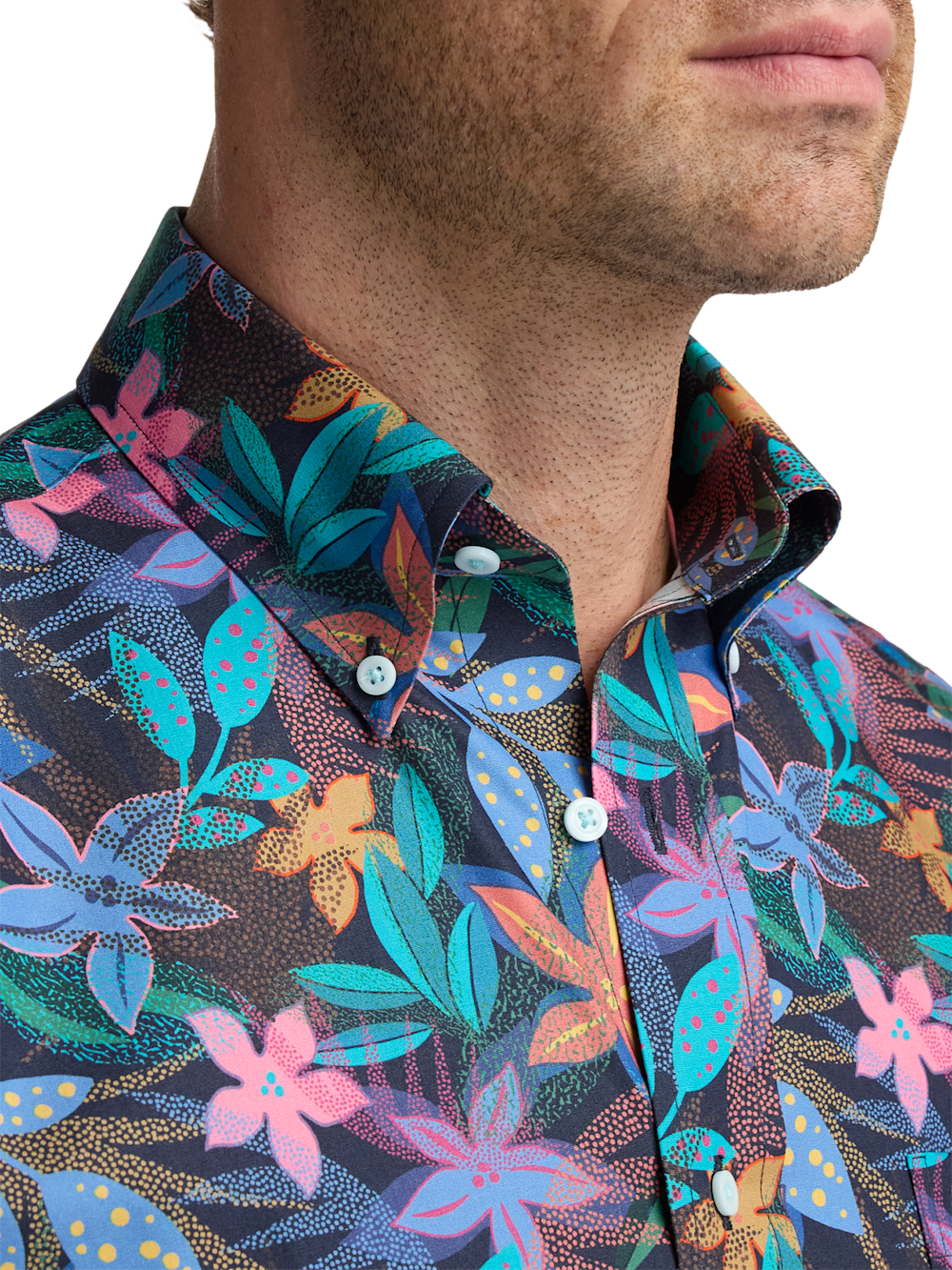 S/f Non-iron Cotton Botanical Button Down Collar Short Sleeve Dress Shirt
