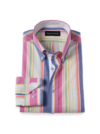 Seersucker Stripe Dress Shirt With Contrast Trim - Multi