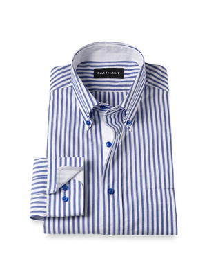 Seersucker Stripe Dress Shirt With Contrast Trim - White/blue
