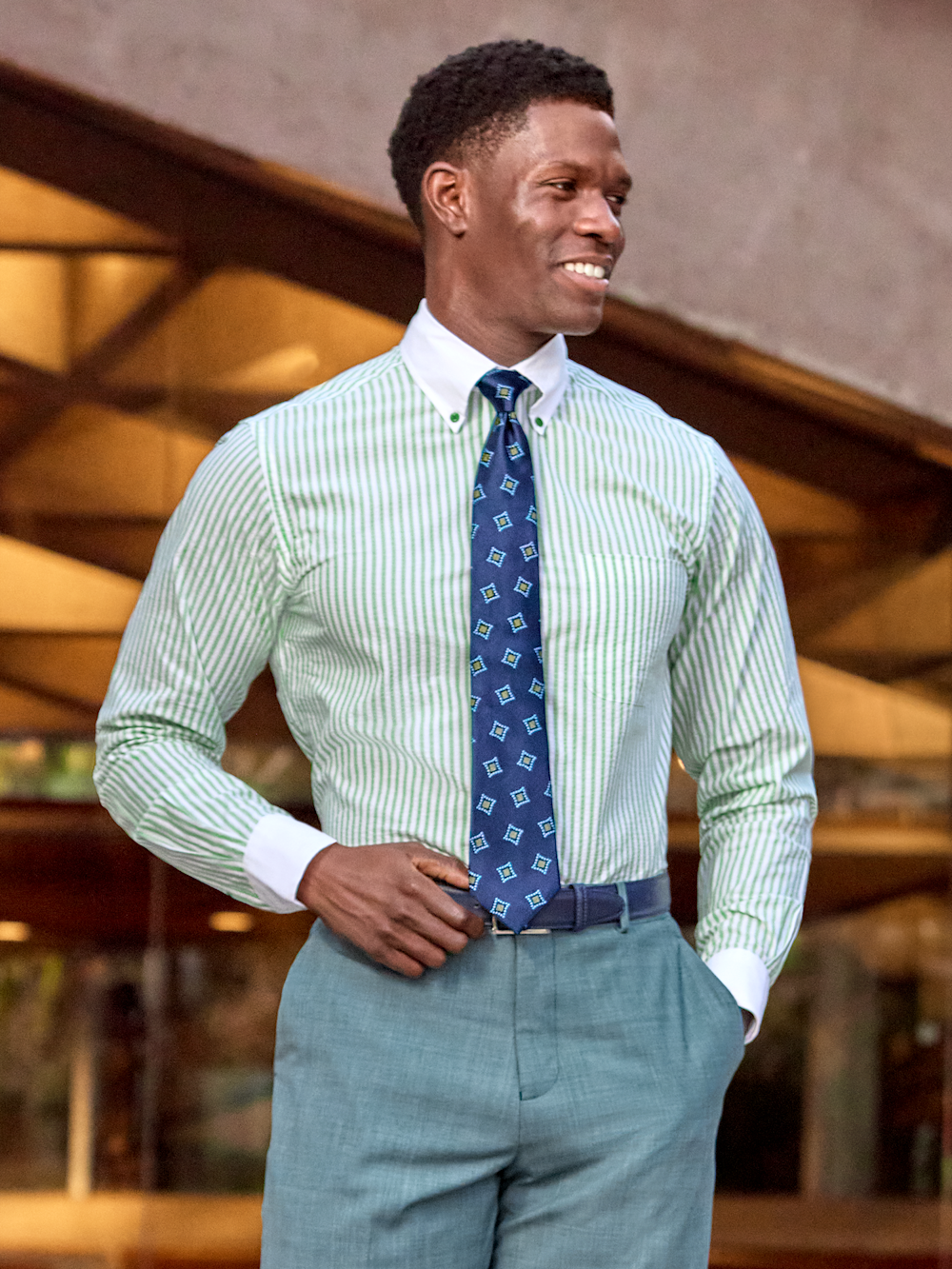 Seersucker Stripe Dress Shirt With Contrast Trim Seersucker Stripe Dress Shirt With Contrast Trim