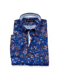 Non-Iron Linen Floral Dress Shirt With Contrast Trim - Cobalt
