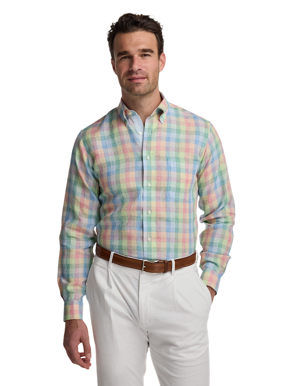 Alternate Image of Non-iron Linen Plaid Dress Shirt With Contrast Trim-1
