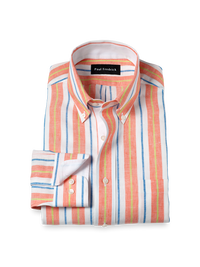 Non-Iron Linen Stripe Dress Shirt With Contrast Trim - White Multi