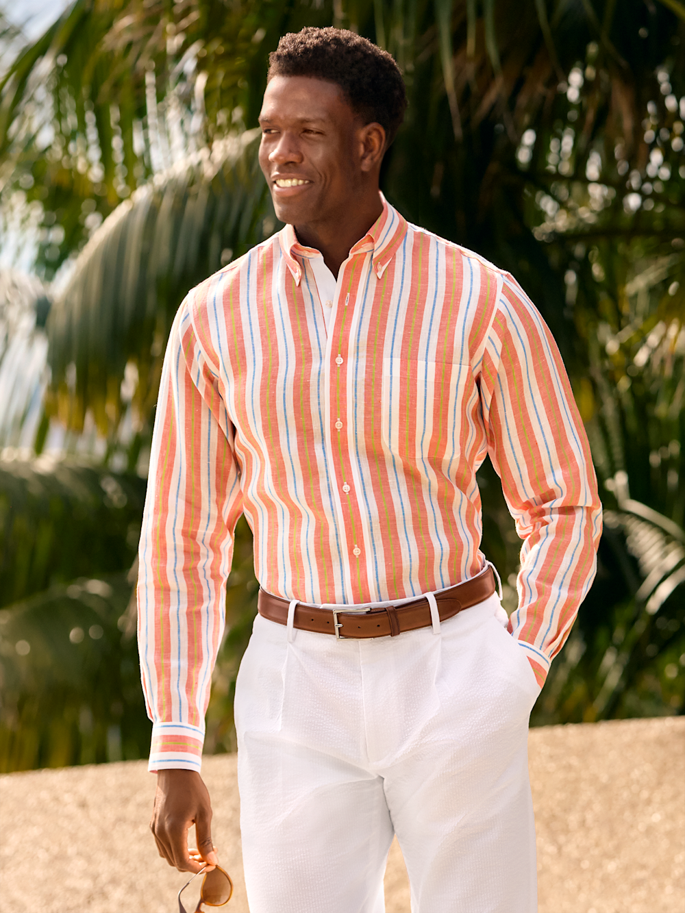 Non-Iron Linen Stripe Dress Shirt With Contrast Trim