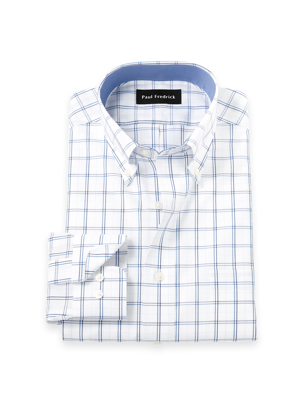 Product Image of Non-iron Cotton Windowpane Dress Shirt With Contrast Trim-White/Blue