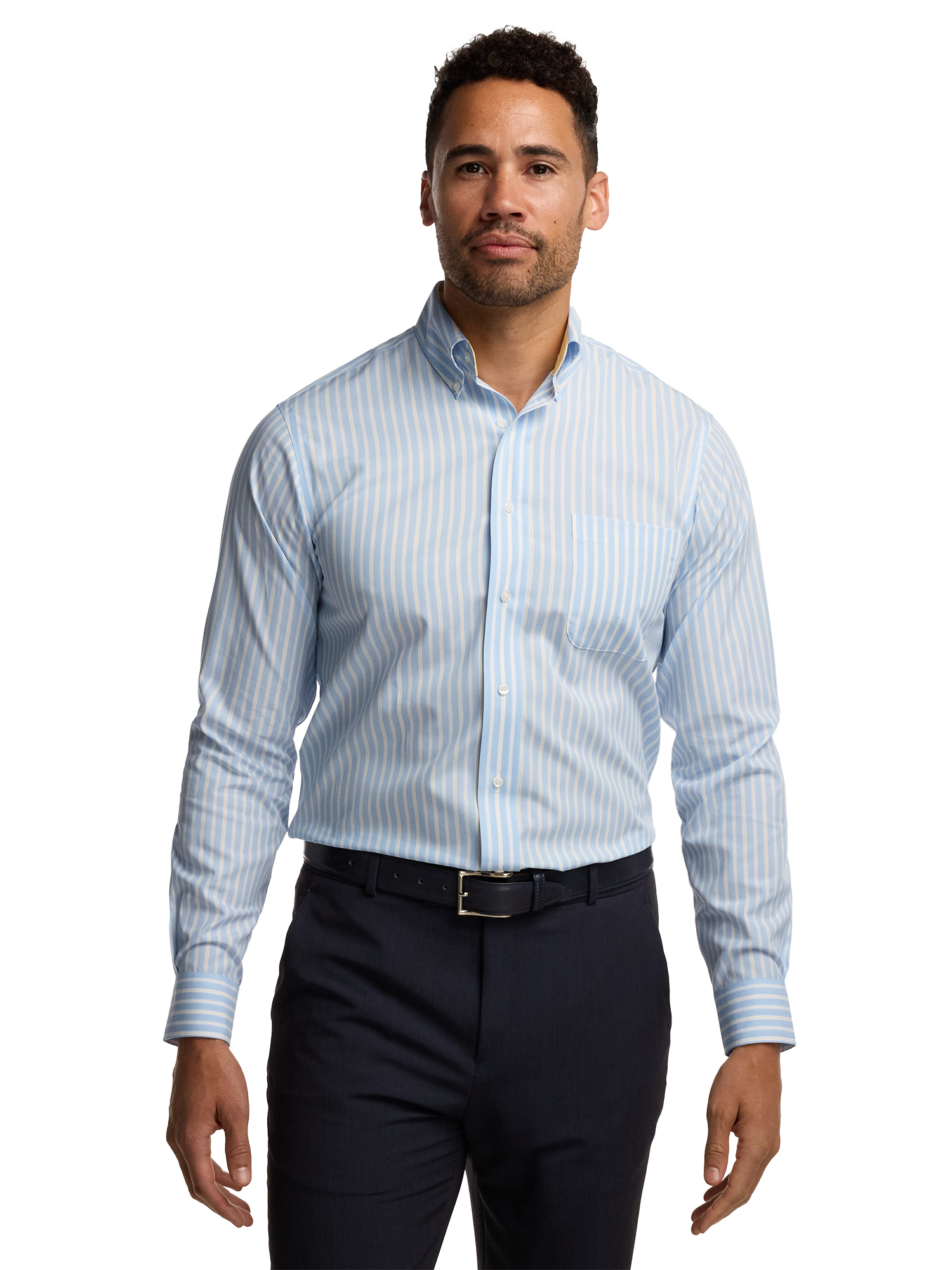 Non-Iron Cotton Stripe Dress Shirt With Contrast Trim - Blue/yellow