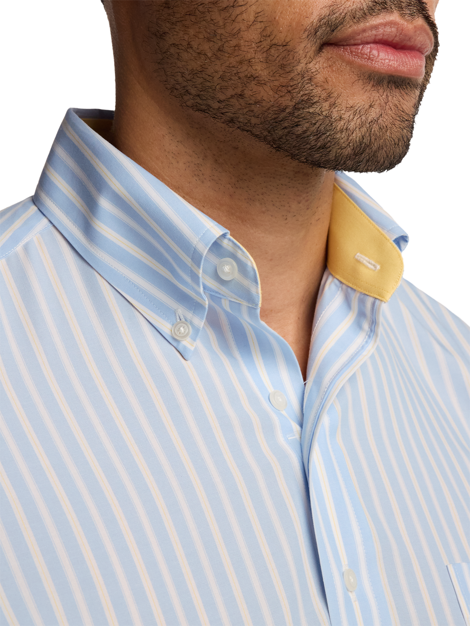 Non-Iron Cotton Stripe Dress Shirt With Contrast Trim - Blue/yellow
