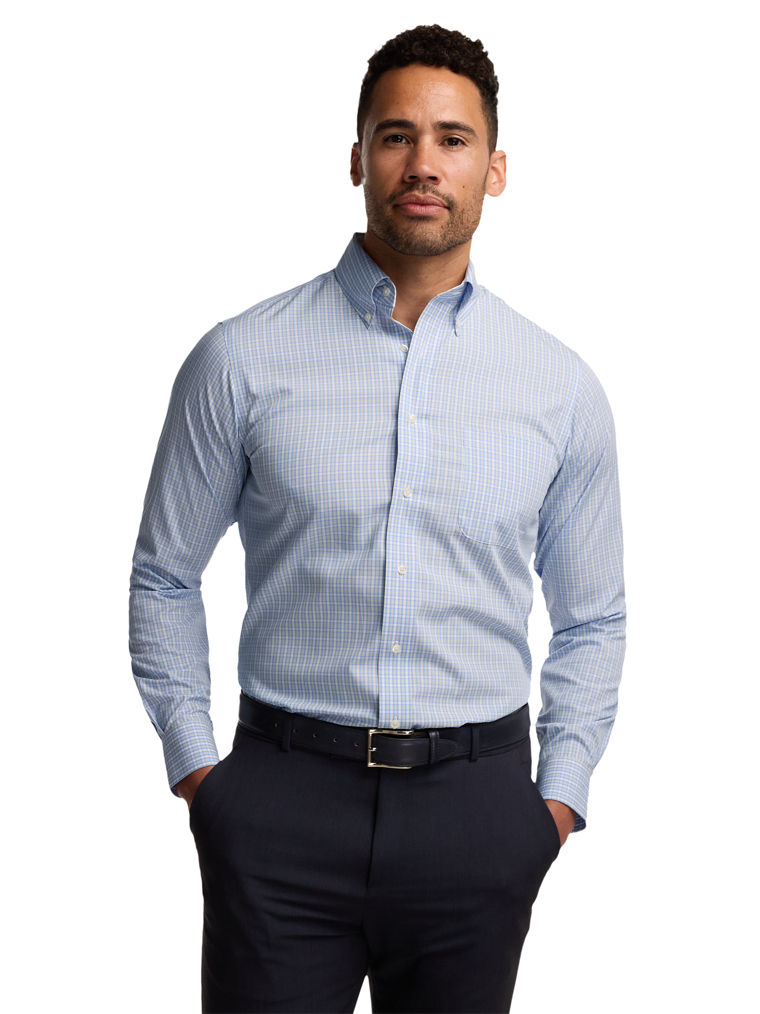Non-Iron Cotton Windowpane Dress Shirt With Contrast Trim - Blue/yellow