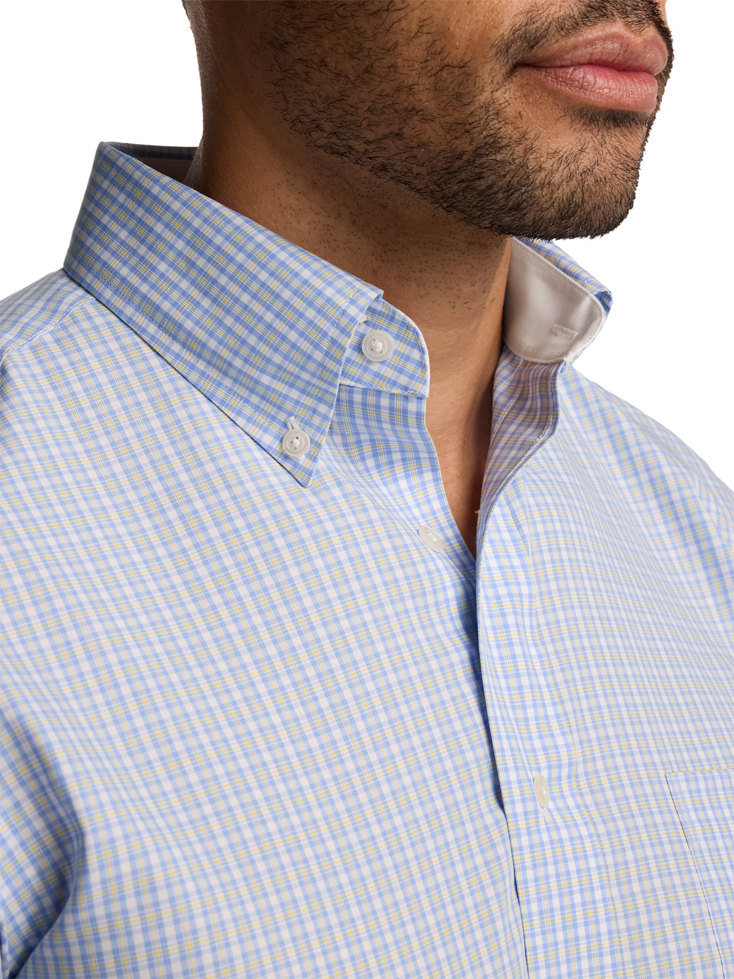 Non-Iron Cotton Windowpane Dress Shirt With Contrast Trim - Blue/yellow