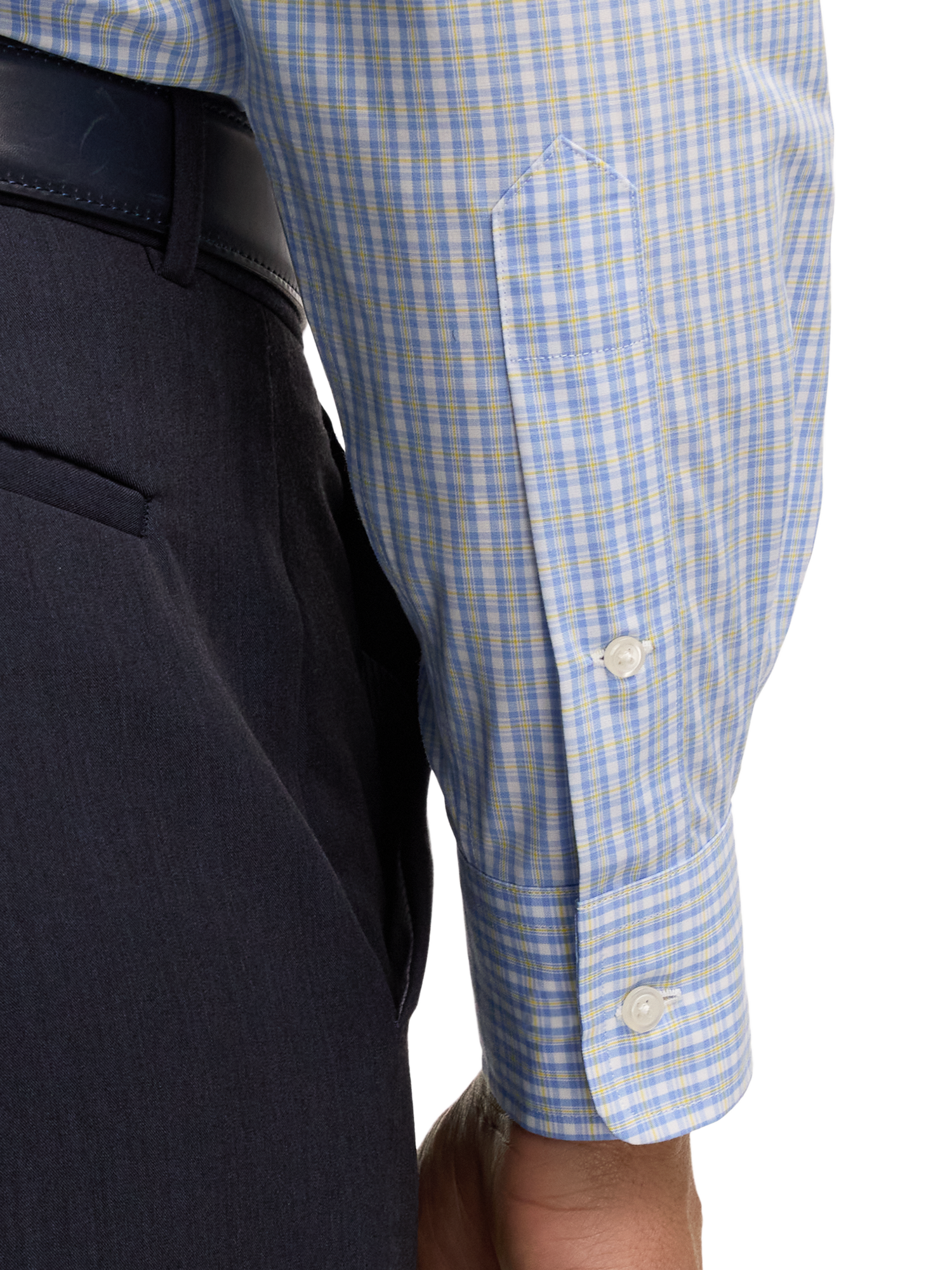Non-Iron Cotton Windowpane Dress Shirt With Contrast Trim - Blue/yellow