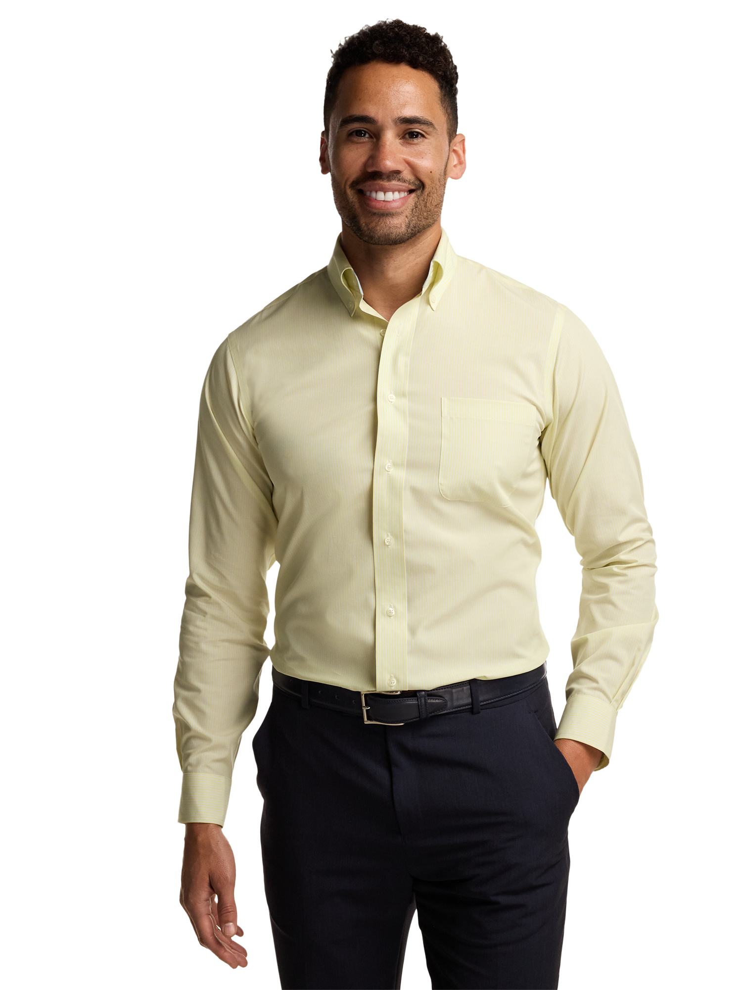 Non-Iron Cotton Stripe Dress Shirt With Contrast Trim - Yellow/blue