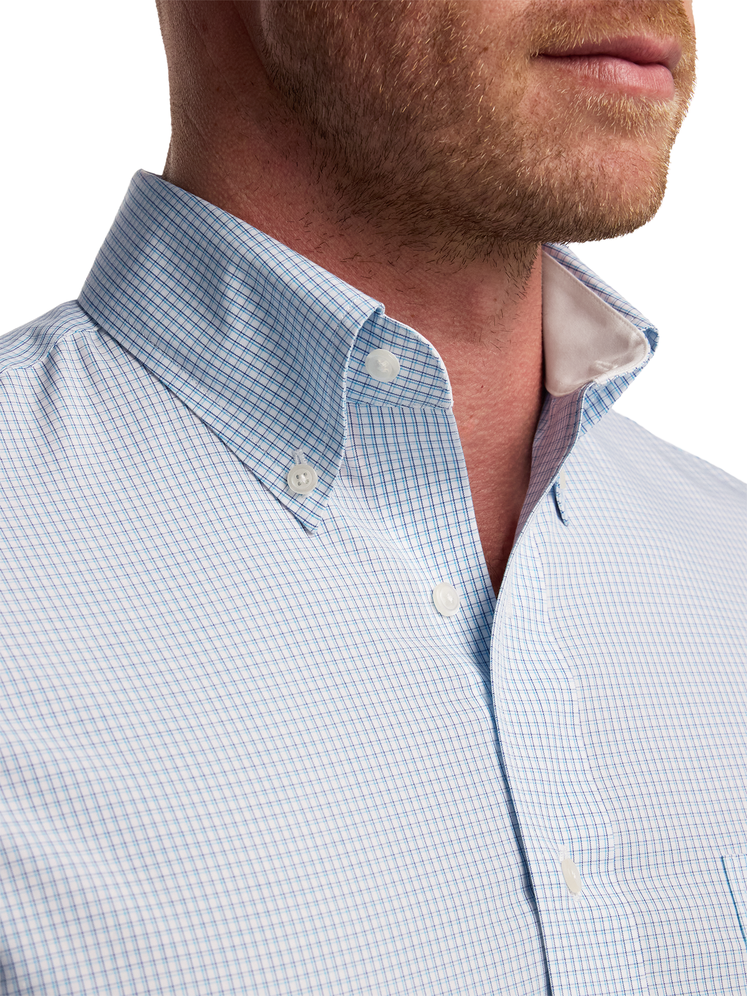 Non-Iron Cotton Check Dress Shirt With Contrast Trim - Aqua
