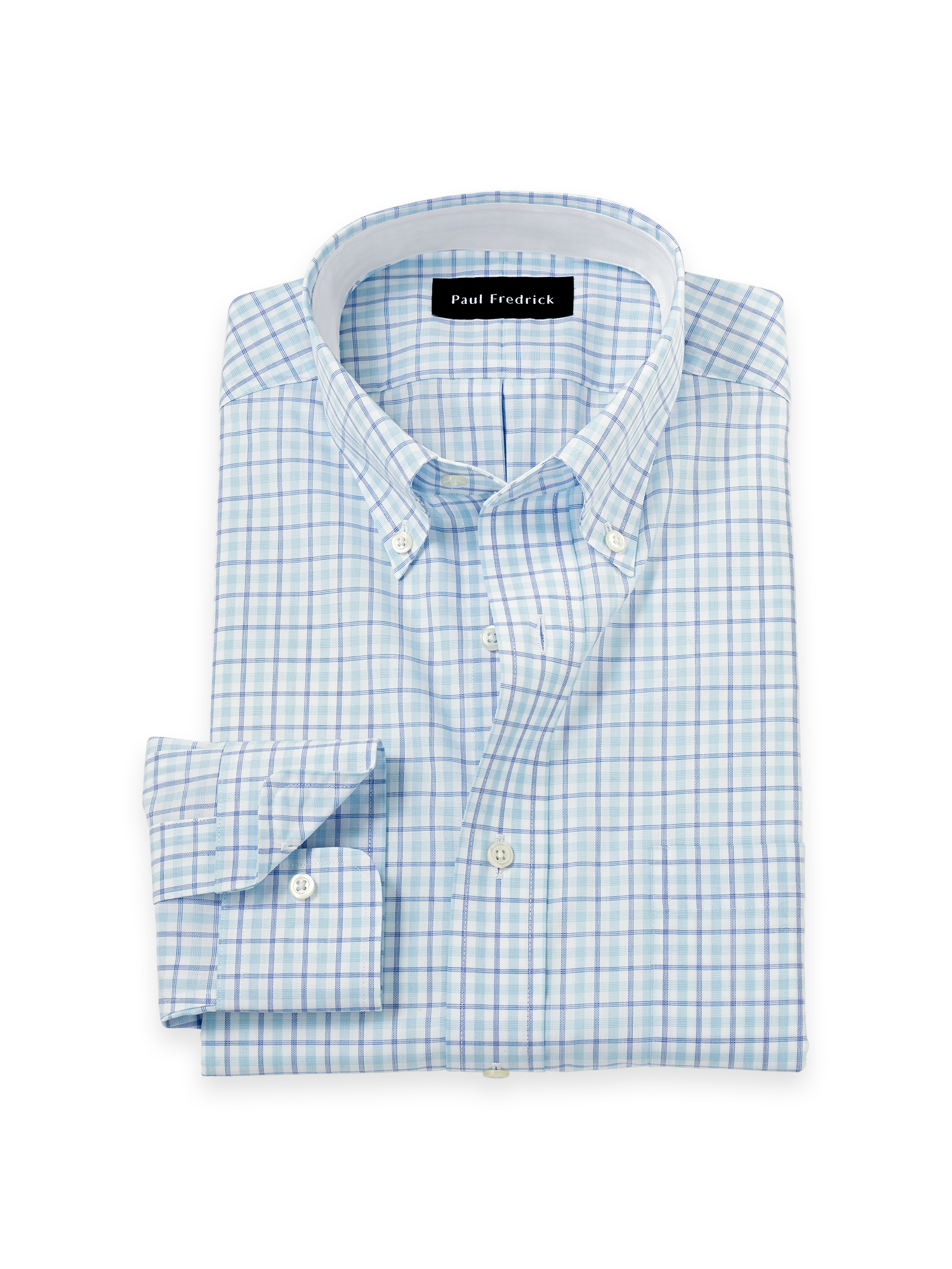 Non-Iron Cotton Windowpane Dress Shirt With Contrast Trim - Aqua