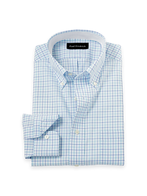Non-Iron Cotton Windowpane Dress Shirt With Contrast Trim - Aqua