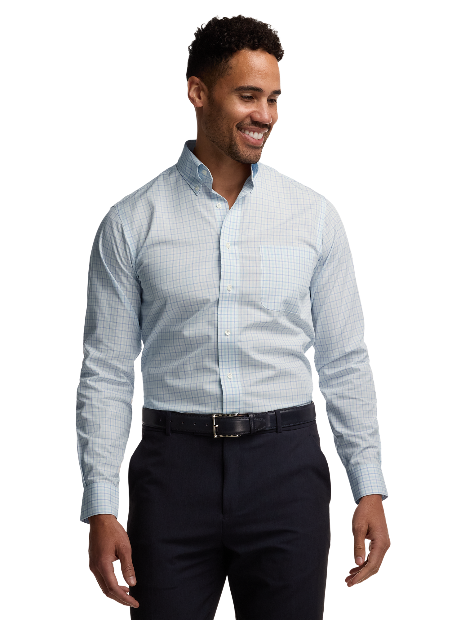 Non-Iron Cotton Windowpane Dress Shirt With Contrast Trim - Aqua