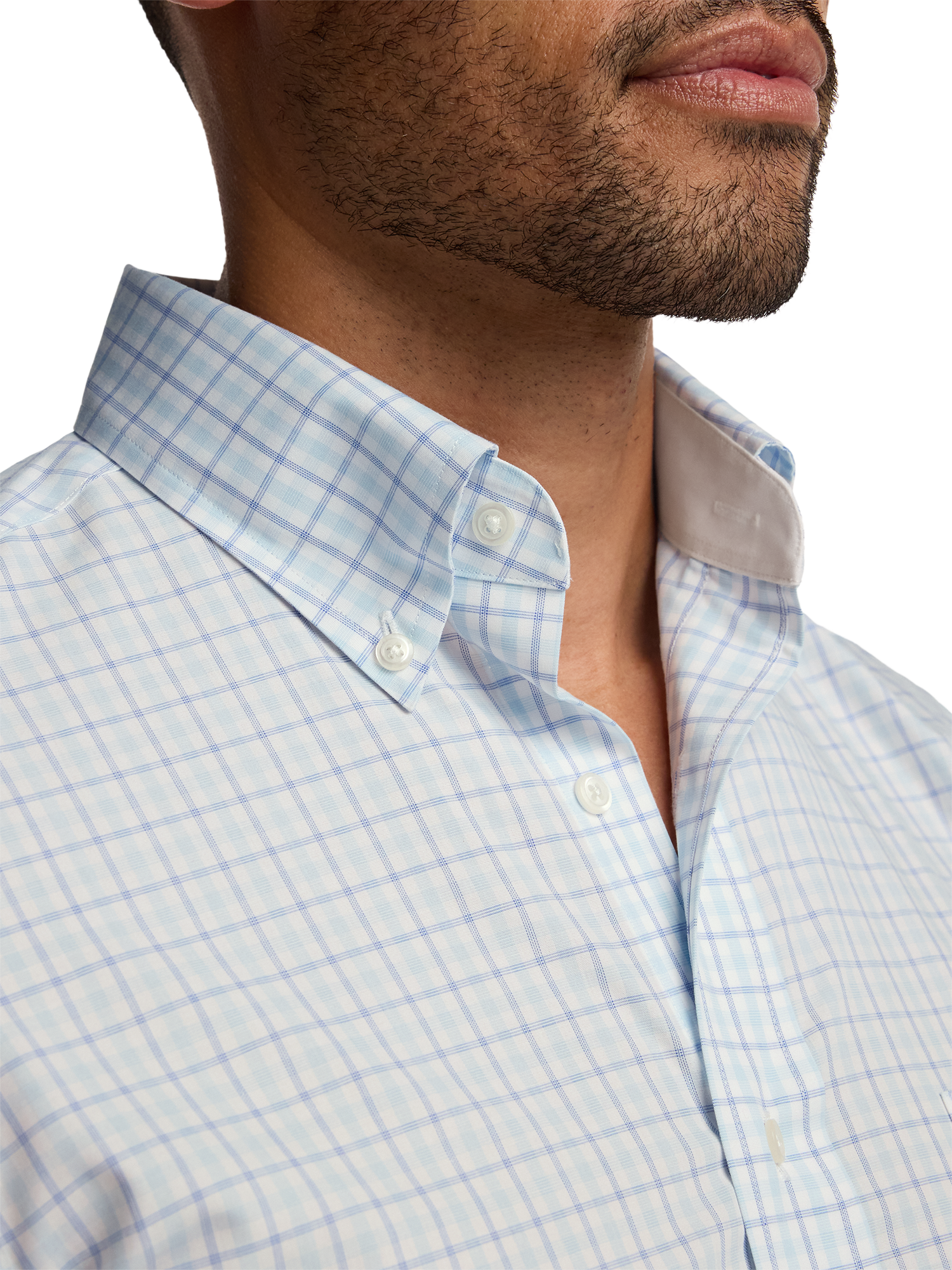 Non-Iron Cotton Windowpane Dress Shirt With Contrast Trim - Aqua