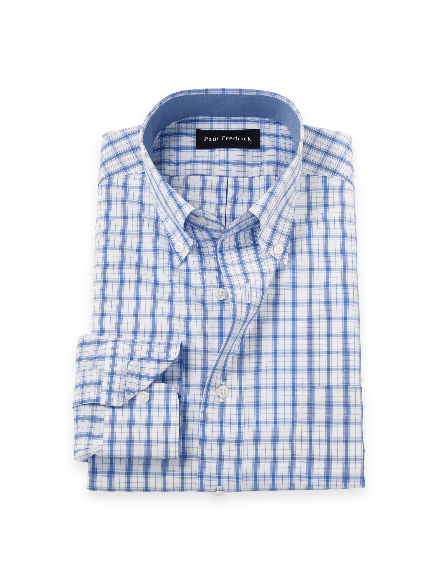 Non-Iron Cotton Check Dress Shirt With Contrast Trim - White/blue