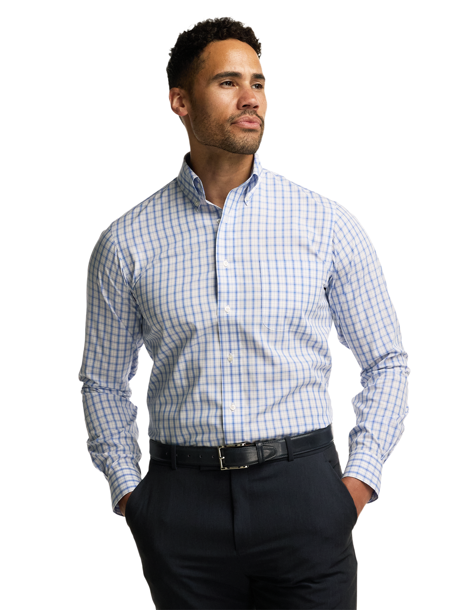 Non-Iron Cotton Check Dress Shirt With Contrast Trim - White/blue