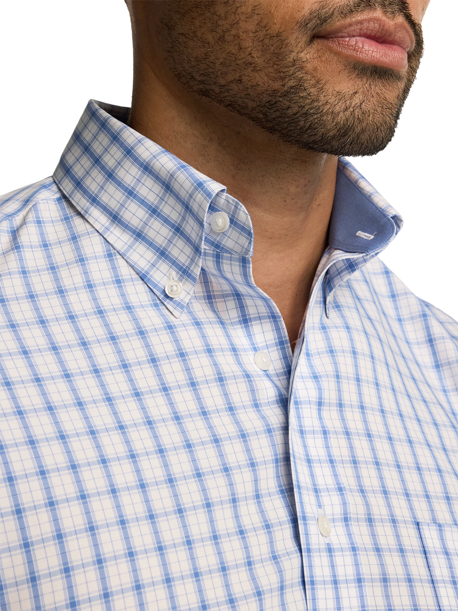 Non-Iron Cotton Check Dress Shirt With Contrast Trim - White/blue