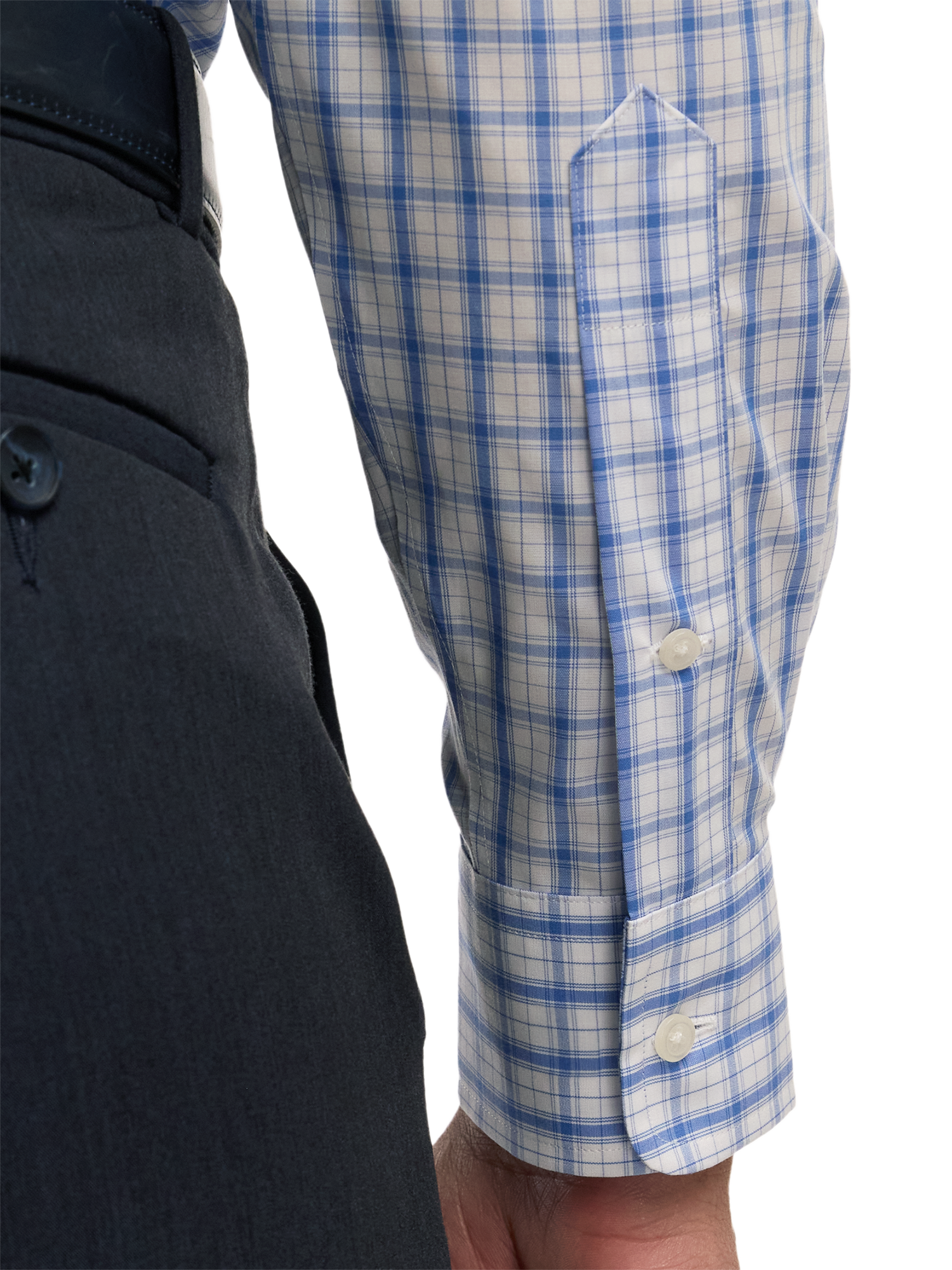 Non-Iron Cotton Check Dress Shirt With Contrast Trim - White/blue