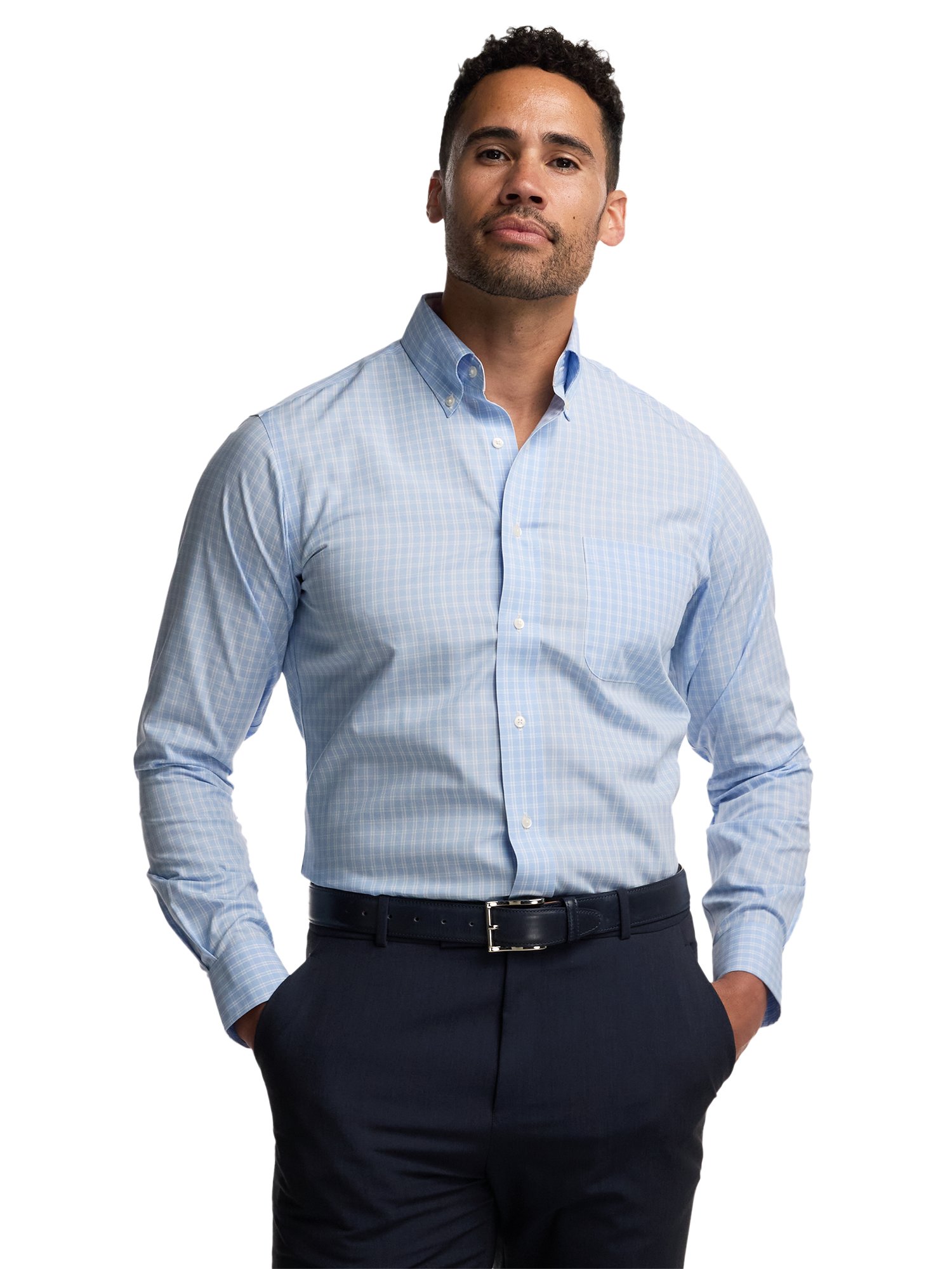 Non-Iron Cotton Check Dress Shirt With Contrast Trim - Blue