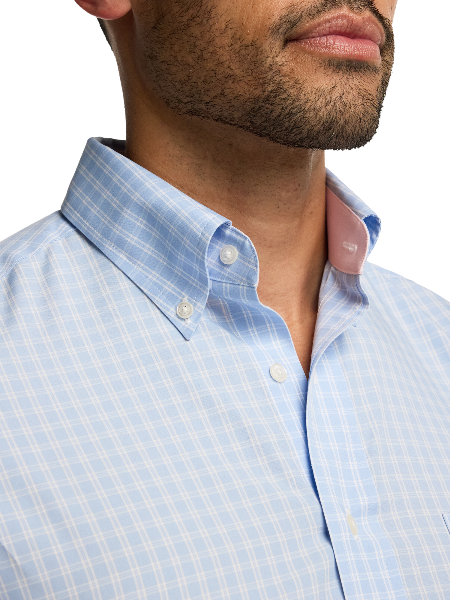 Non-Iron Cotton Check Dress Shirt With Contrast Trim - Blue
