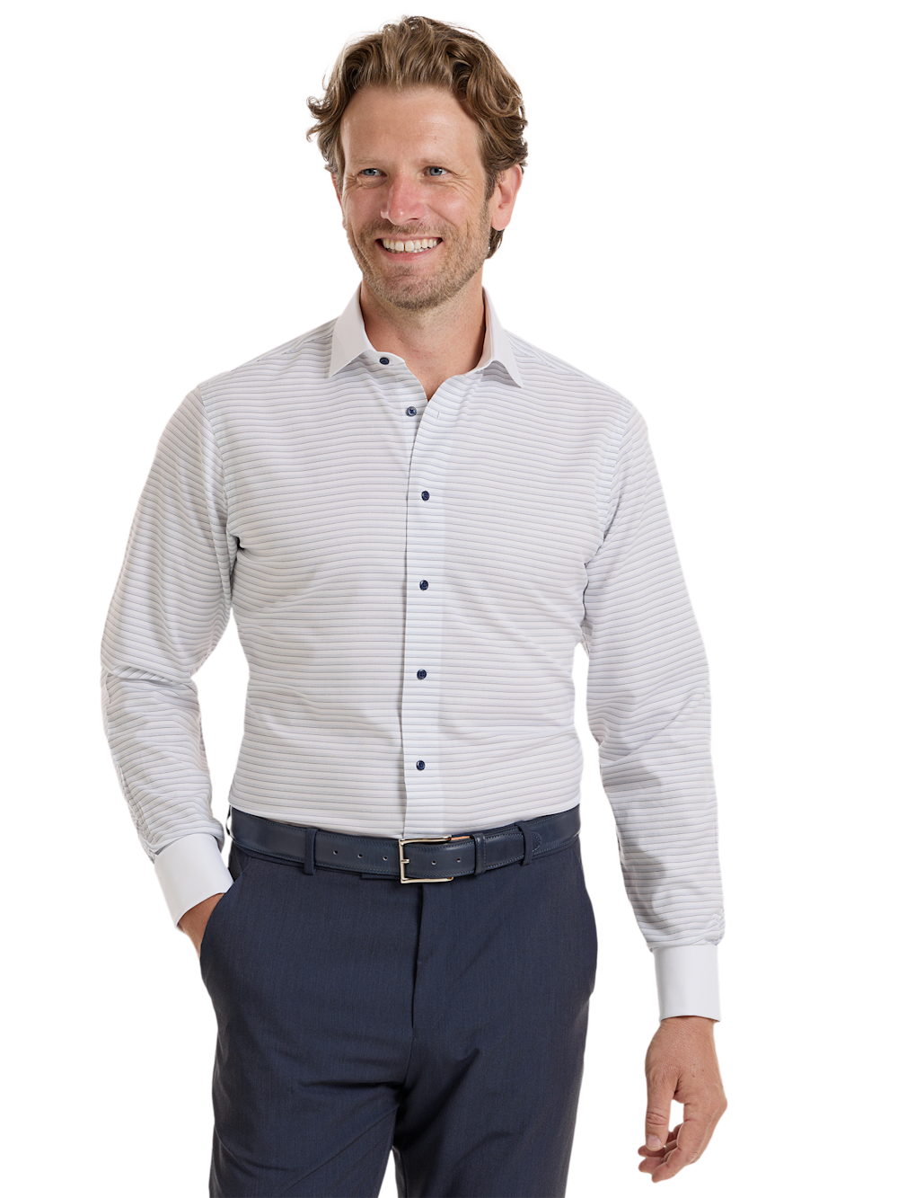 Alternate Shot of Men's White/Blue Stripe Shirts No Trim Detail