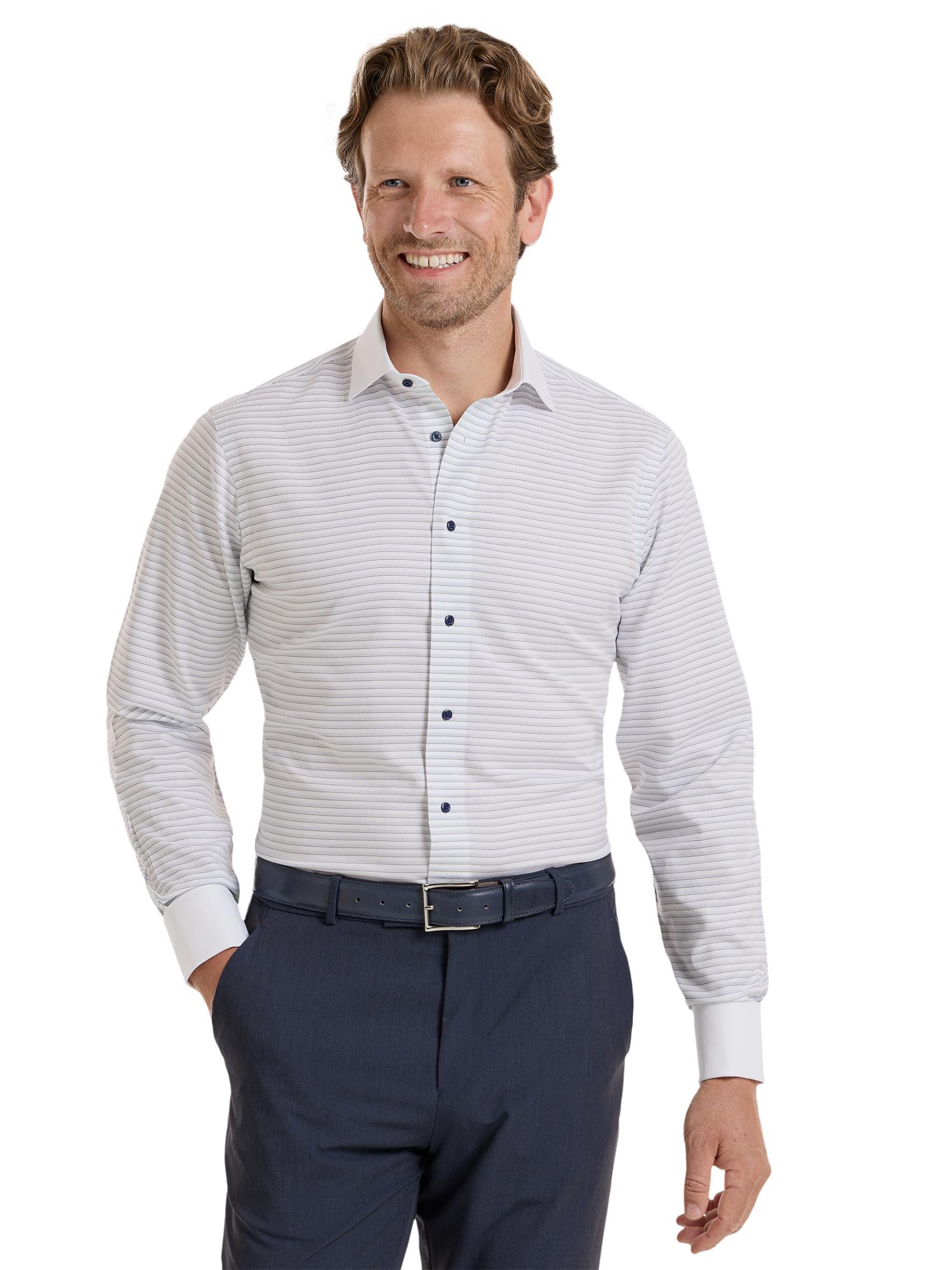 Non-Iron Cotton Stripe Dress Shirt - White/blue